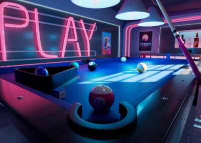 Vue sur un bar avec billard en animé, réalisé par des étudiants d'Objectif 3D, Prépa Art Montpellier & Angoulême.