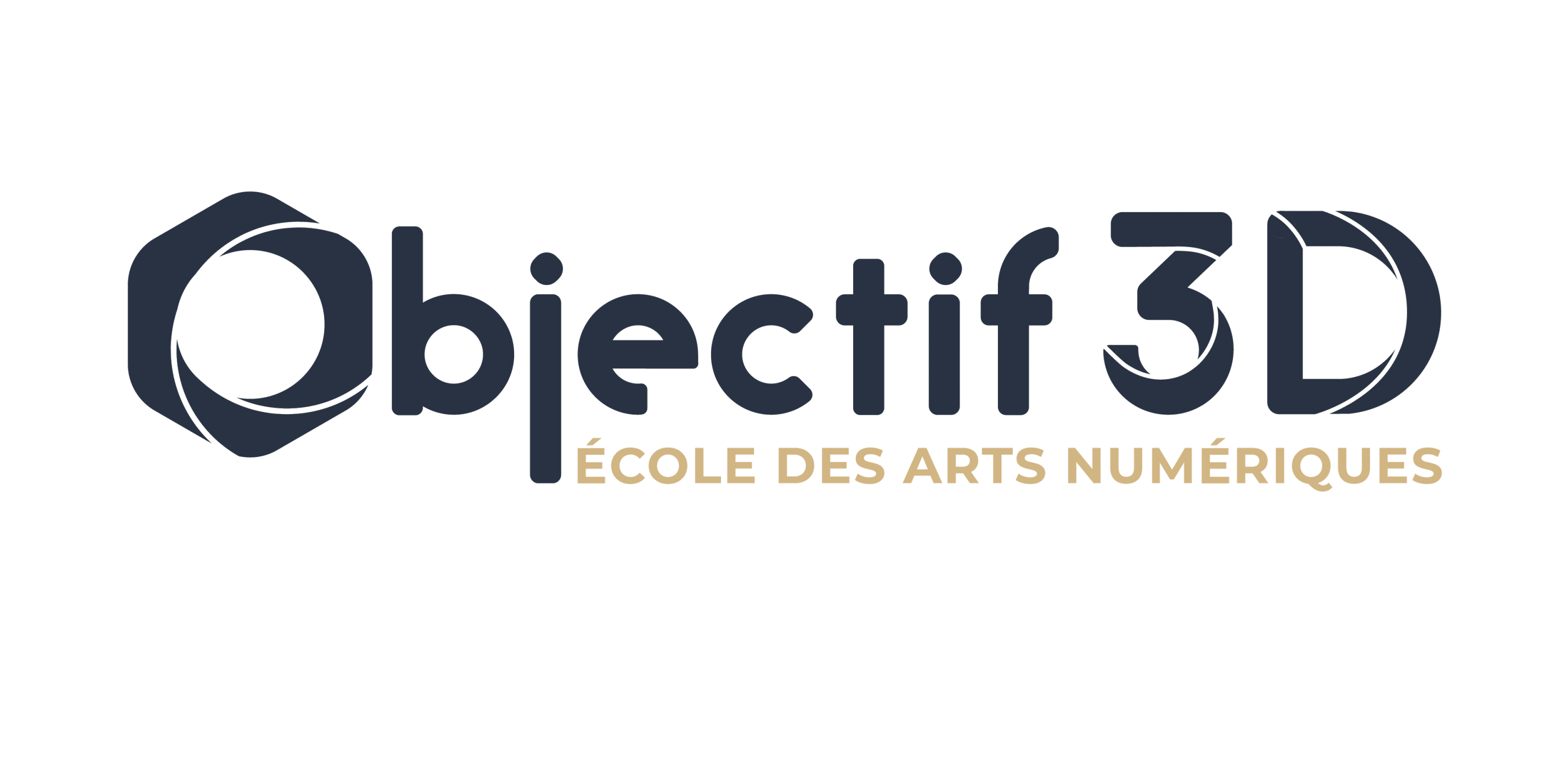 Logo Objectif 3D avec slogan, école des arts numériques depuis 1999. Cinéma d'animation 3D, game design & conception jeux vidéo.