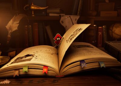 Vue sur un livre ouvert dans une bibliothèque du jeu Skul réalisé par des étudiants d'Objectif 3D, Prépa Art Montpellier.